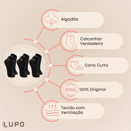 Imagem de Kit De 3 Pares Meia Lupo Sport Kids Cano Curto Infantil Algodão Cores Básicas Para Menino E Menina