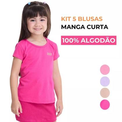Imagem de Kit de 7 Blusas Infantis menina Manga Curta para Menina Básica e Confortável para o Dia a Dia meninas