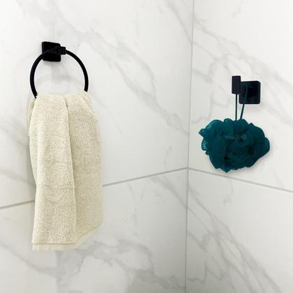 Imagem de Kit de Acessórios Para Banheiro Preto Fosco 4 Peças Metal Inox Suporte Quadrado Toalheiro 40cm Papeleira Porta Toalha Argola Gancho Cabideiro