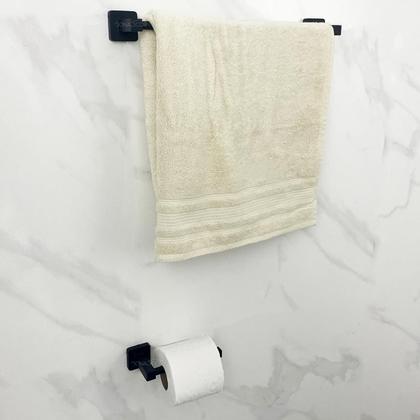 Imagem de Kit de Acessórios Para Banheiro Preto Fosco 4 Peças Metal Inox Suporte Quadrado Toalheiro 40cm Papeleira Porta Toalha Argola Gancho Cabideiro