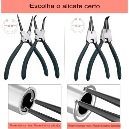Imagem de Kit De Alicates Para Anéis 7 Polegadas Jogo Com 4 Peças Extrator Interno Externo Curvo Reto