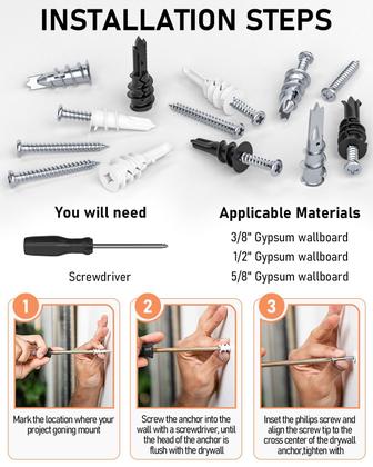 Imagem de Kit de âncoras de drywall, INCLY, 200 unidades autoperfurantes com estojo