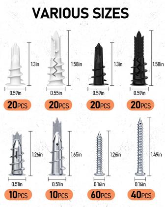 Imagem de Kit de âncoras de drywall, INCLY, 200 unidades autoperfurantes com estojo