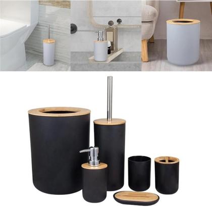 Kit De Banheiro 6 Peças Design Moderno Plástico C/ Bambu Lixeira Saboneteira Suporte Escova de Dentes - INOVA FERRAGENS Imagem de Kit De Banheiro 6 Peças Design Moderno Plástico C/ Bambu Lixeira Saboneteira Suporte Escova de Dentes