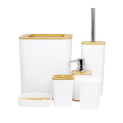 Kit De Banheiro 6 Peças Design Moderno Plástico C/ Bambu Lixeira Saboneteira Suporte Escova de Dentes - INOVA FERRAGENS Imagem de Kit De Banheiro 6 Peças Design Moderno Plástico C/ Bambu Lixeira Saboneteira Suporte Escova de Dentes