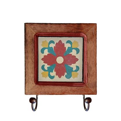 Imagem de Kit de Banheiro Artesanal com Ladrilho Hidráulico 3 Peças em Madeira Maciça e Ferro