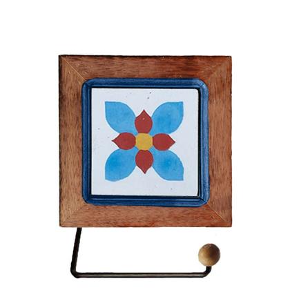 Imagem de Kit de Banheiro Artesanal com Ladrilho Hidráulico 3 Peças em Madeira Maciça e Ferro