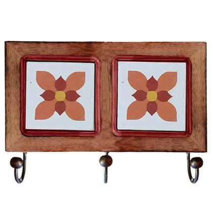 Imagem de Kit de Banheiro Artesanal com Ladrilho Hidráulico 3 Peças em Madeira Maciça e Ferro