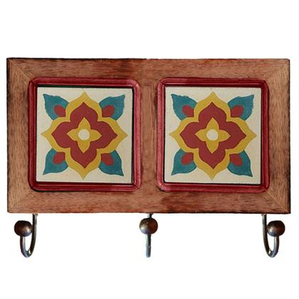 Imagem de Kit de Banheiro Artesanal com Ladrilho Hidráulico 3 Peças em Madeira Maciça e Ferro