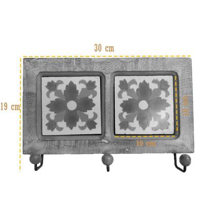 Imagem de Kit de Banheiro Artesanal com Ladrilho Hidráulico 3 Peças em Madeira Maciça e Ferro