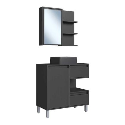 Imagem de Kit de Banheiro Gabinete com Cuba Inclusa Preta e Espelheira