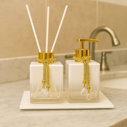 Imagem de Kit De Banheiro Lavabo Luxo Cubo De Vidro Difusor + Sabonete + Bandeja