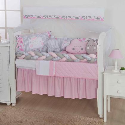 Imagem de Kit de berço quarto de bebe bordado completo doce nuvem com mosquiteiro e saia algodão com 12 pçs