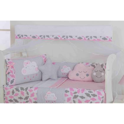 Imagem de Kit de berço quarto de bebe bordado completo doce nuvem com mosquiteiro e saia algodão com 12 pçs