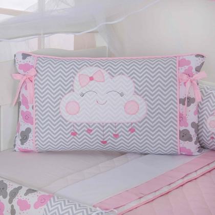 Imagem de Kit de berço quarto de bebe bordado completo doce nuvem com mosquiteiro e saia algodão com 12 pçs