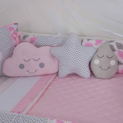 Imagem de Kit de berço quarto de bebe bordado completo doce nuvem com mosquiteiro e saia algodão com 12 pçs