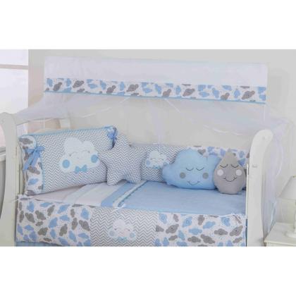 Imagem de Kit de berço quarto de bebe bordado completo doce nuvem com mosquiteiro e saia algodão com 12 pçs