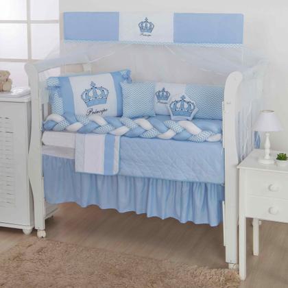 Imagem de Kit de berço quarto de bebe bordado completo doce nuvem com mosquiteiro e saia algodão com 12 pçs