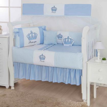 Imagem de Kit de berço quarto de bebe bordado completo doce nuvem com mosquiteiro e saia algodão com 12 pçs