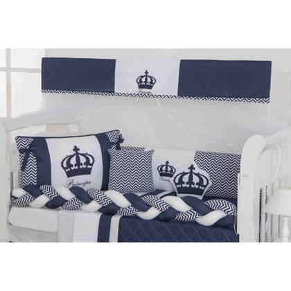 Imagem de Kit de berço quarto de bebe bordado completo doce nuvem com mosquiteiro e saia algodão com 12 pçs