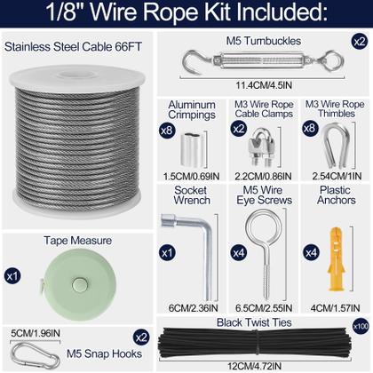 Imagem de Kit de cabos de aço inoxidável phepetroll 1/8 66 pés com esticadores M5