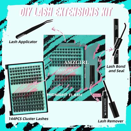 Imagem de Kit de cachos de cílios AMZGIRL LASH Midnight com Lash Bond 144 unidades