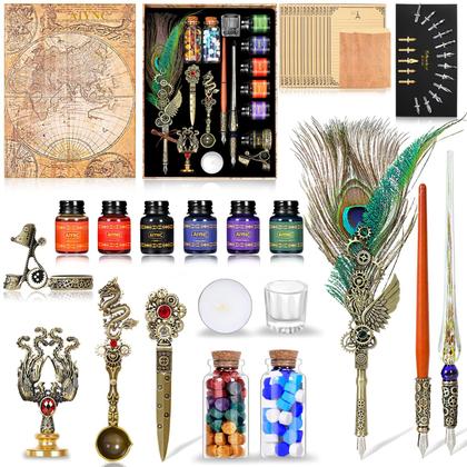 Imagem de Kit de Caligrafia AIYNC  Pena de Pluma, Canetas de Vidro e Madeira, 17 Bicos de Aço Inox e Selo de Cera