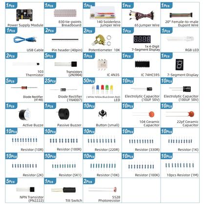 Imagem de Kit de componentes eletrônicos Miuzei Fun com fonte para Arduino