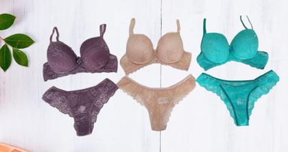 Imagem de kit de conjunto de sutiã e calcinha com 3 lingeries com renda marca calcinhas.com tamanho g