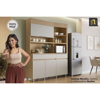 Imagem de Kit de Cozinha Compacta Realeza c/ 4 Portas 5 Nichos e 2 Gavetas 160cm Carvalho/Titânio - Nesher