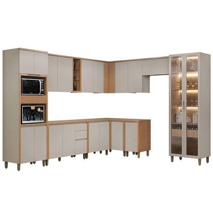Imagem de Kit de Cozinha Completa 11 Peças Allure (5Aéreos+4Balcões+1Cristaleira+1Paneleiro) CP01 Jequitiba/Gris Fosco - Linea Brasil