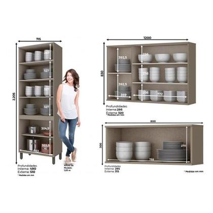 Imagem de Kit de Cozinha Completa 3 Peças Connect (2 Armários + 1 Cristaleira) CPT17 Duna/Cristal - Henn