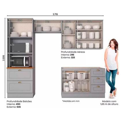 Imagem de Kit de Cozinha Completa 4 Peças Americana (2Aéreos+1Balcão+1Paneleiro) s/Pia CZ150 Cinza - Henn