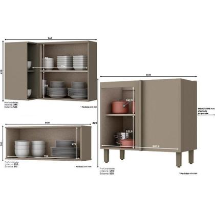 Imagem de Kit de Cozinha Modulada 9 Peças Connect (3 Armários + 2 Balcões + 2 Paneleiros + 2 Complementos) C9P01 Duna/Cristal