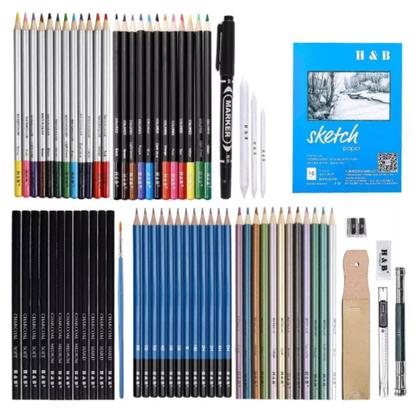 Imagem de Kit de Desenho Artístico Profissional, 72 Peças, Lápis de Grafite e Coloridos, Estojo com Sketchbook