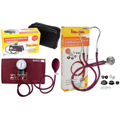 Imagem de Kit de enfermagem vinho premium com esfigmomanômetro e estetoscópio