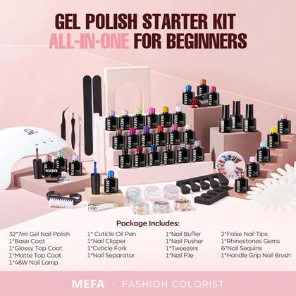 Imagem de Kit de Esmalte em Gel MEFA 56 Peças com Luz UV - 32 Cores de 7ml