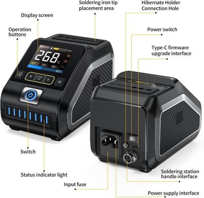 Imagem de Kit de estação de solda digital de precisão FNIRSI DWS-200 200W 210 com 3 pontas de ferro de soldar F210 e 2 mãos auxiliares, valor de temperatura e modo de curva, armazenamento de 3 temperaturas, tela colorida