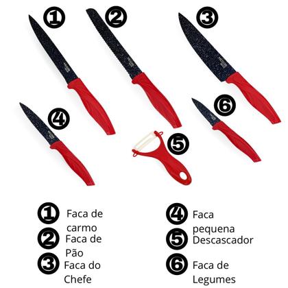 Imagem de Kit De Facas E Descascador Profissional Inox Antiaderente Vermelho/Preto 6 Peças Premium 