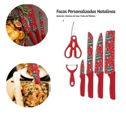 Imagem de Kit de Facas Natalinas 6 Peças - Adicione Sofisticação e Temática Festiva à Sua Cozinha e Mesa de Natal