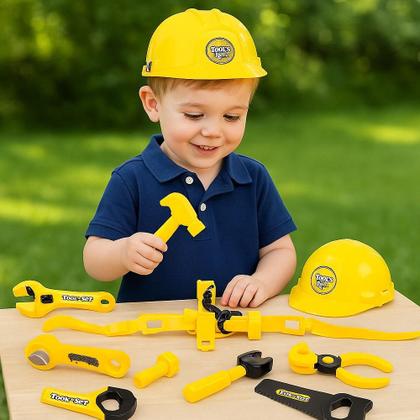 Imagem de Kit de ferramentas infantil cinto capacete brinquedo com acessorios chaves alicate completo