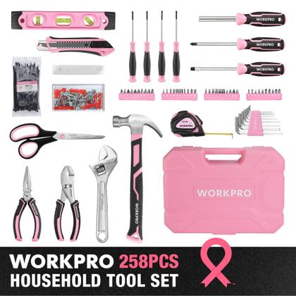 Kit de ferramentas WORKPRO Pink 258 unidades com martelo rosa e