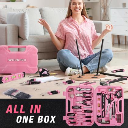 Kit de ferramentas WORKPRO Pink 258 unidades com martelo rosa e
