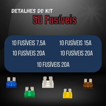 Imagem de Kit de Fusíveis Médio Carro Variados com 50 Unidades 7,5a 15a 20a 25a 30a 12v