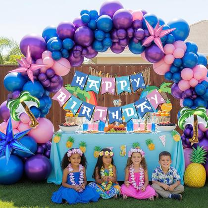 Imagem de Kit de guirlanda de balões yeewaka azul rosa roxo Hawaii Ohana