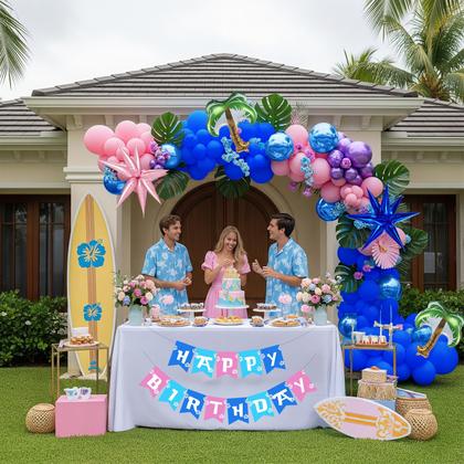 Imagem de Kit de guirlanda de balões yeewaka azul rosa roxo Hawaii Ohana