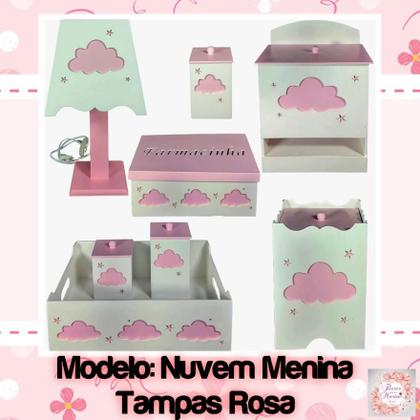 Imagem de kit de higiene bebe mdf 8 pçs  Nuvem menina tampas Rosa