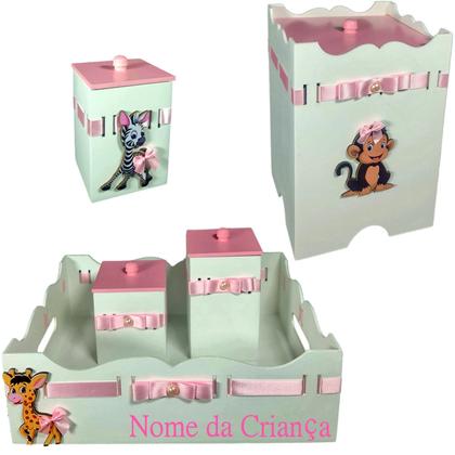 Imagem de Kit de Higiene bebê mdf menina feminino SAFARI MENINA BRANCO TAMPAS ROSA