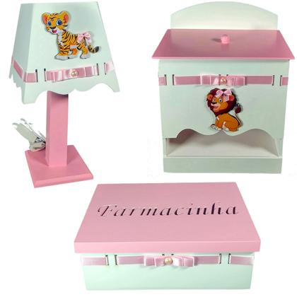 Imagem de Kit de Higiene bebê mdf menina feminino SAFARI MENINA BRANCO TAMPAS ROSA