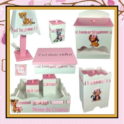 Imagem de Kit de Higiene bebê mdf menina feminino SAFARI MENINA BRANCO TAMPAS ROSA